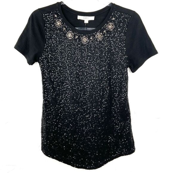 LOFT Black Sequined Embellished T-Shirt XS NWT - Picture 1 of 4